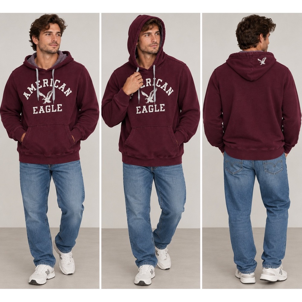 American Eagle Mens Burgundy Graphic Hoodie Medium Vintage Y2K Streetwear